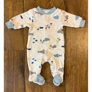 Preemie Shark Whale Boy Outfit Footed Sleep and Play Snaps Cute Feet‎ White Blue